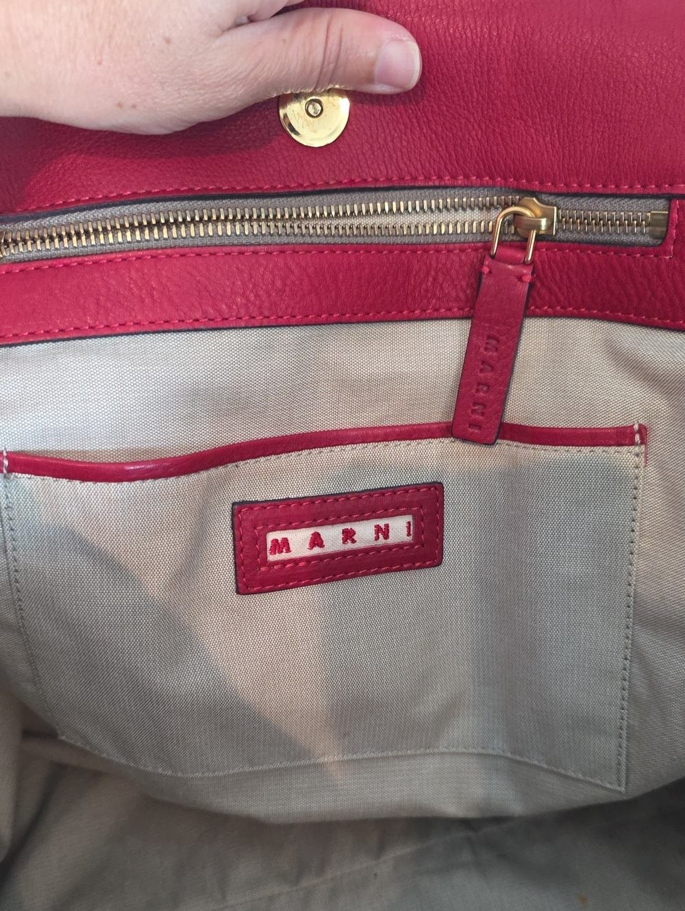 Marni Red Leather Tote Bag with Front Pockets - Picture 13 of 15